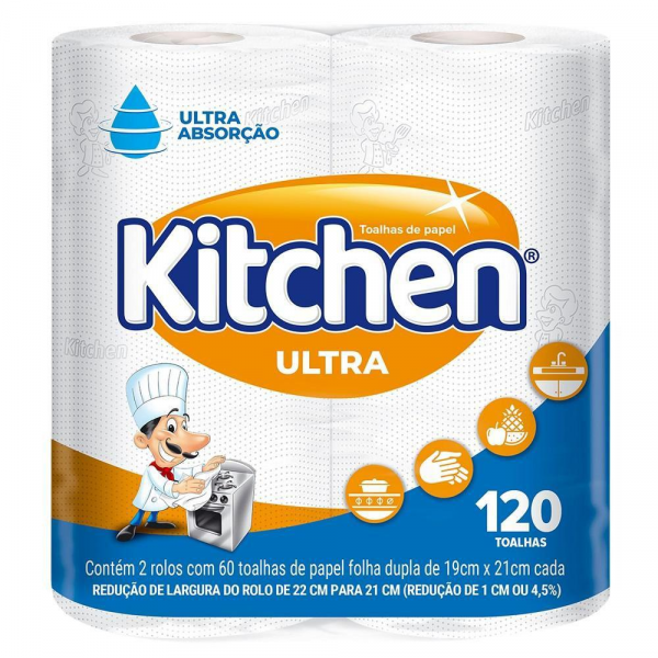 Papel Toalha Kitchen -  2 unidades de 60 toalhas folhas duplas de 19 cm x 20,5 cm